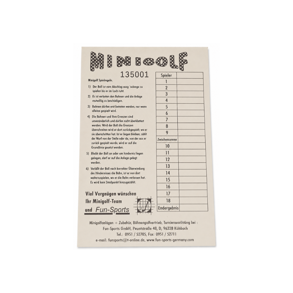 Scorekarten mit Spielregeln